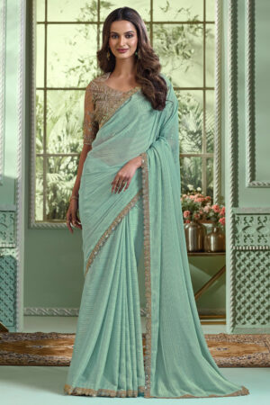 Excellent Chinon Fabric Sea Green Color Saree With Border Work