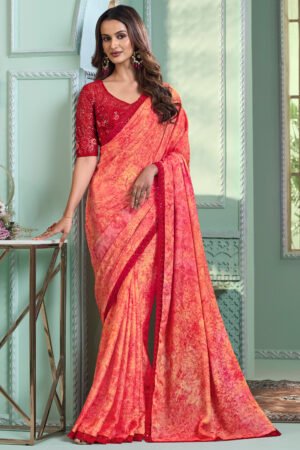 Beguiling Border Work On Peach Color Chiffon Fabric Saree