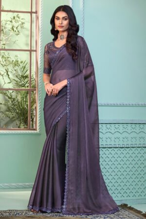 Incredible Border Work On Georgette Fabric Grey Color Saree