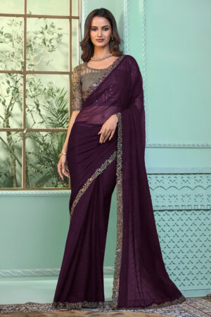 Tempting Chiffon Fabric Purple Color Saree With Border Work