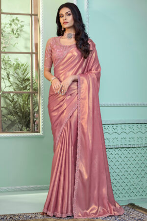 Engaging Peach Color Georgette Fabric Saree With Border Work