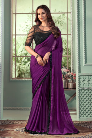 Creative Border Work On Saree In Purple Color Georgette Fabric