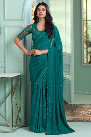 Marvellous Border Work On Georgette Fabric Saree In Green Color