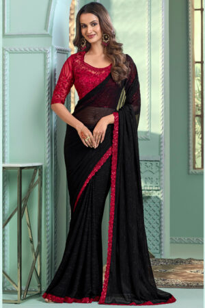 Amazing Black Color Chiffon Fabric Saree With Border Work