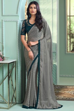 Dazzling Border Work On Grey Color Saree In Georgette Fabric