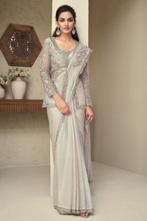 Beige Color Exquisite Border Work Saree With Jacket In Art Silk Fabric