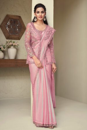 Attractive Art Silk Fabric Pink Color Border Work Saree With Jacket