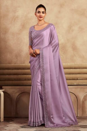 Attractive Lavender Color Satin Silk Fabric Lace Border Work Party Wear Designer Saree With Embroidered Blouse