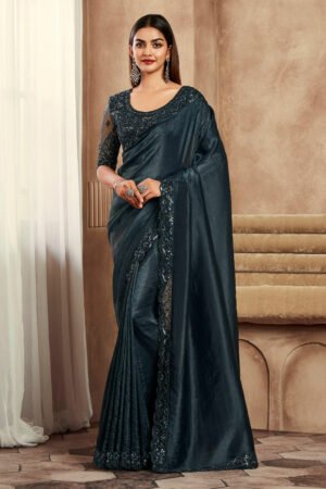Engaging Black Color Silk Fabric Lace Border Work Party Wear Saree With Embroidered Blouse