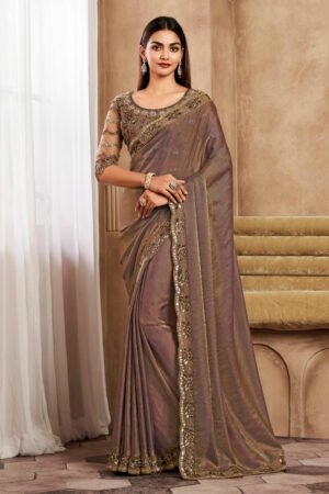 Captivating Brown Color Silk Fabric Lace Border Work Party Wear Saree With Embroidered Blouse