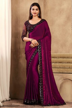 Stunning Magenta Color Silk Fabric Lace Border Work Party Wear Saree With Embroidered Blouse