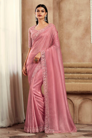 Lovely Pink Color Silk Fabric Lace Border Work Party Wear Saree With Embroidered Blouse