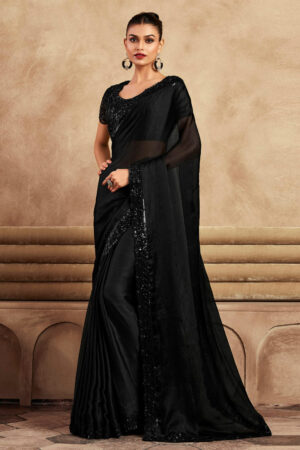 Pretty Black Color Chiffon Fabric Lace Border Work Party Wear Saree With Embroidered Blouse