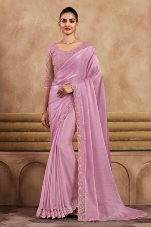 Beautiful Pink Color Silk Fabric Lace Border Work Party Wear Saree With Embroidered Blouse