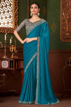 Elegant Sky Blue Lace Border Saree