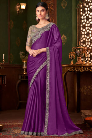 Ethereal Purple Color Silk Chiffon Fabric Wedding Wear Saree