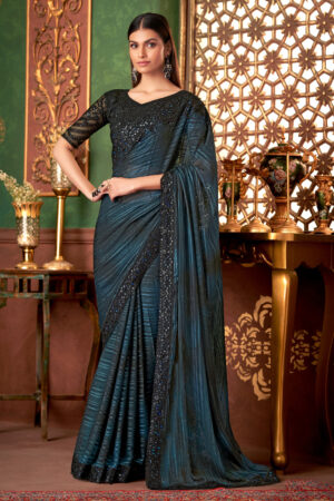 Lustrous Navy Blue Heritage Lace Border Work Saree