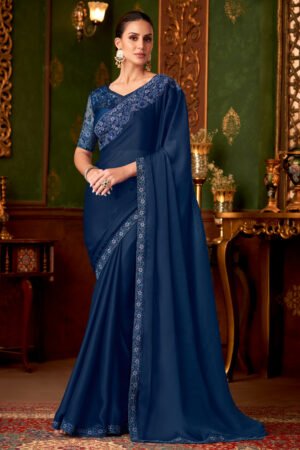 Vibrant Blue Satin Wedding Saree