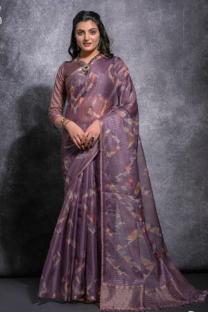 Pure Linen Printed Casual Saree In Purple Color