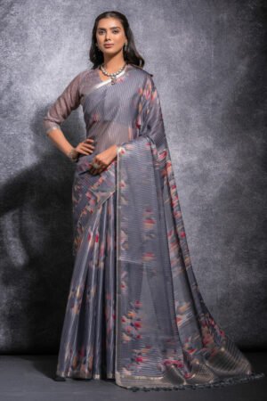 Pure Linen Casual Grey Printed Saree