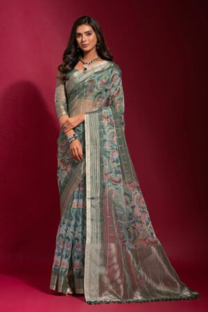 Linen Checks Print Saree In Sea Green Color