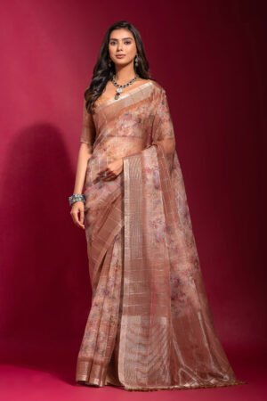 Rust Linen Checks Print Saree
