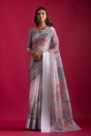 Grey Linen Checks Print Saree