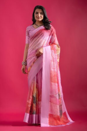 Linen Checks Print Saree In Pink Color