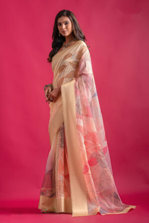 Linen Checks Print Beige Saree