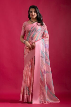 Pink Color Linen Checks Printed Saree