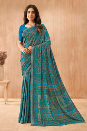 Crepe Silk Teal Showroom Uniform Saree