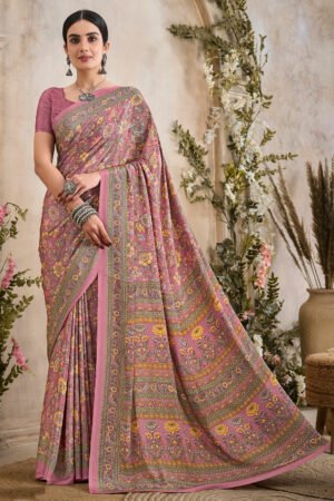 Pink Printed Crepe Silk Uniform Saree