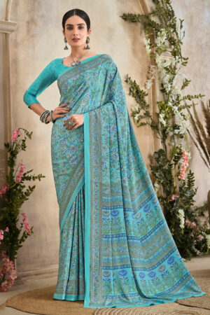 Cyan Premium Crepe Silk Office Uniform Saree