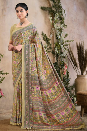Crepe Silk Printed Beige Color Uniform Saree