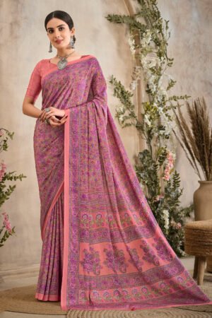 Crepe Silk Peach Printed Uniform Saree
