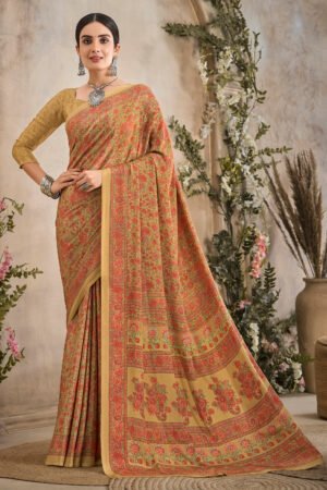 Brown Printed Crepe Silk Uniform Saree