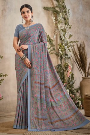 Casual Printed Uniform Saree In Grey Color