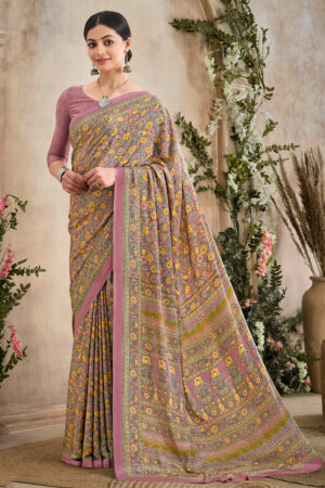 Pink Printed Crepe Silk Daily Wear Uniform Saree With Blouse
