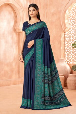 Crepe Silk Navy Blue Printed Uniform Saree