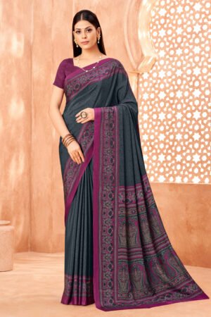 Crepe Silk Grey Printed Uniform Saree