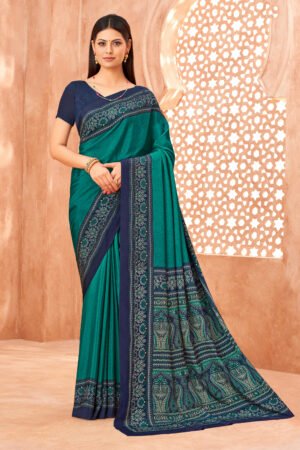 Teal Printed Crepe Silk Uniform Saree