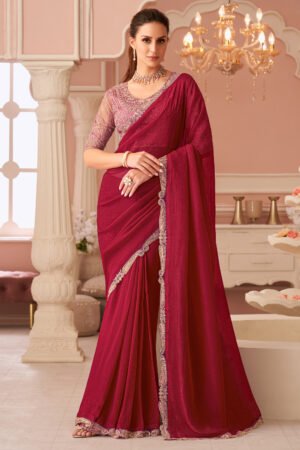 Red Georgette Party Style Adroit Lace Work Saree With Designer Blouse