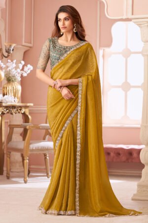 Georgette Party Style Vintage Lace Work Saree In Yellow Color