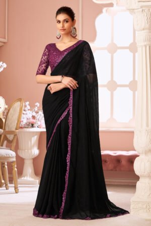 Black Party Style Georgette Dazzling Lace Work Saree With Embroidered Blouse