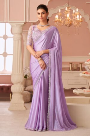 Lavender Party Style Chiffon Lace Work Saree With Designer Blouse