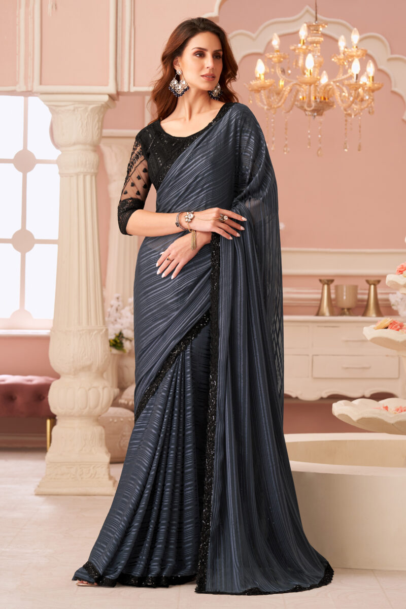 Georgette Party Style Grey Lace Work Saree With Embroidered Blouse