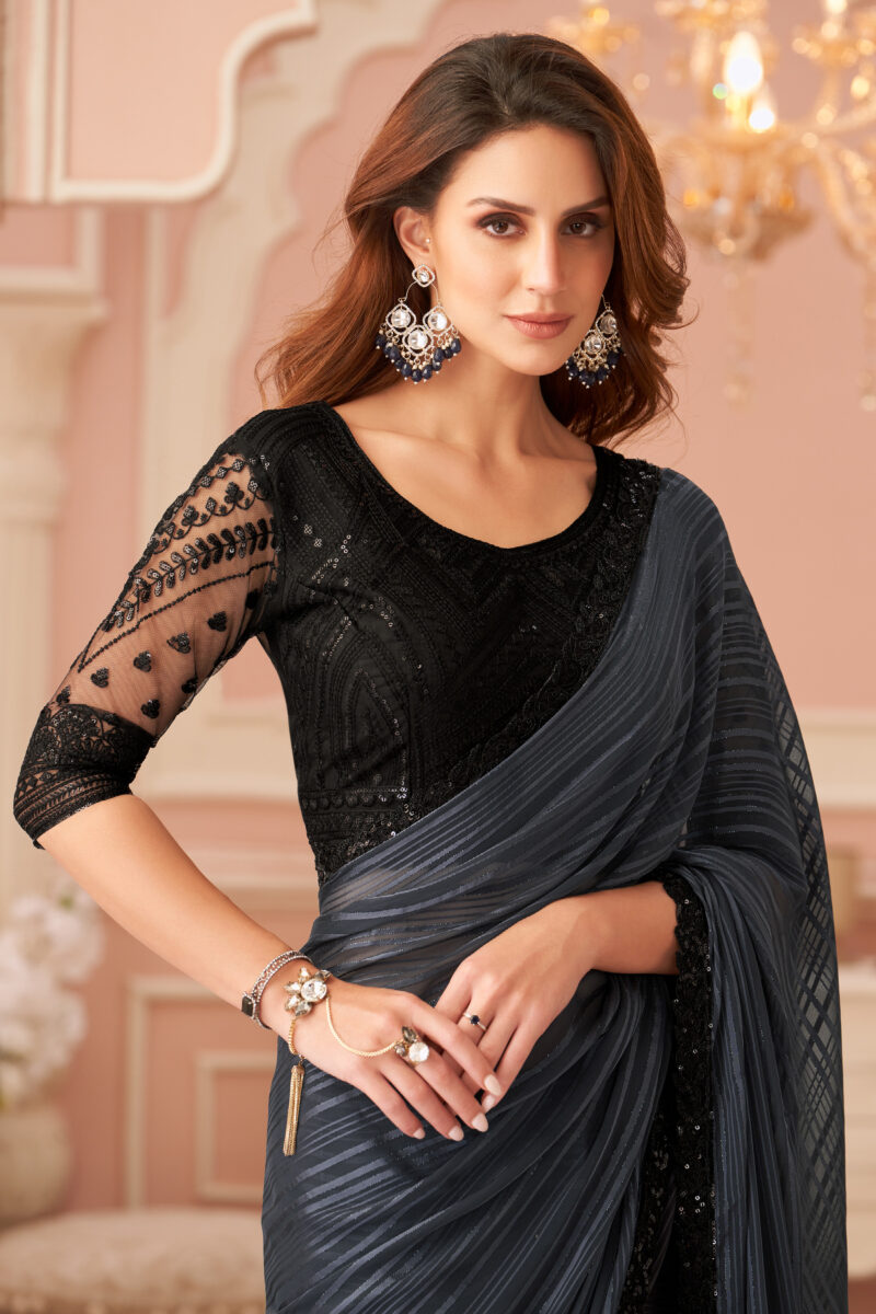 Georgette Party Style Grey Lace Work Saree With Embroidered Blouse - Image 2