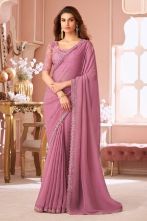 Pink Party Style Georgette Incredible Lace Work Saree With Designer Blouse