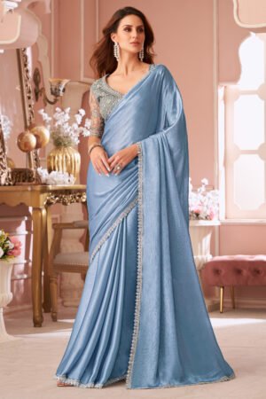Sky Blue Party Style Chiffon Charismatic Lace Work Saree With Embroidered Blouse