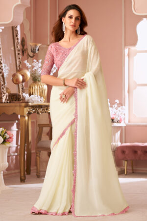 Cream Georgette Party Style Lace Work Saree With Designer Blouse